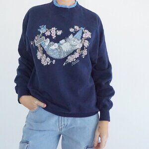 Vintage Morning Sun Navy Cat Kitten Hammock Cherry Blossom Graphic Sweatshirt L